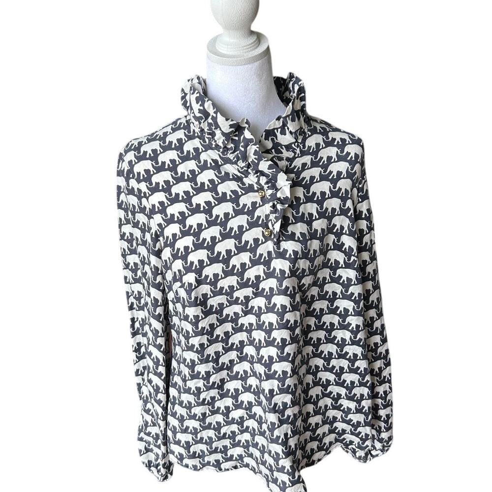 Elizabeth McKay 100% Silk Elephant Print Blouse Gray White Ruffle Neck 4